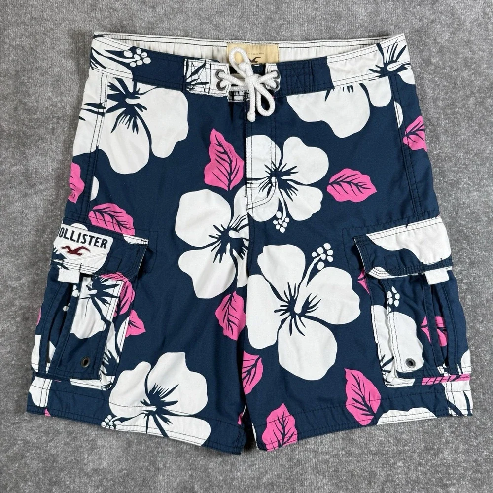 Hollister Swim Trunks Men's Large‎ Blue Floral Hawaiian Hibiscus Board Shorts